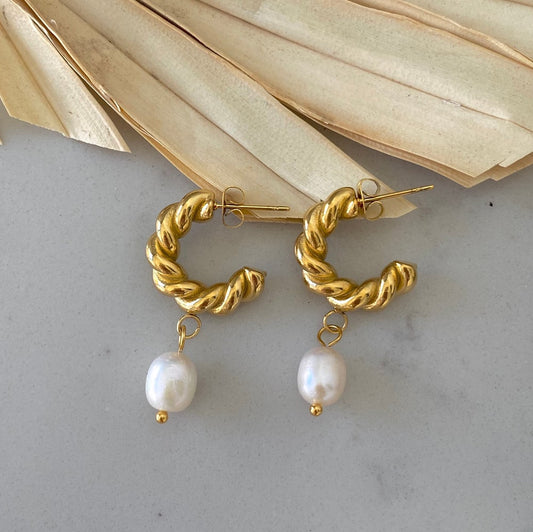 twist pearl hoops